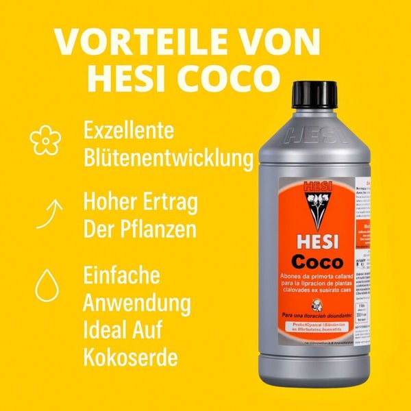 Hesi Coco Flüssigdünger für Pflanzen auf Kokossubstrat. Vorteile: exzellente Blütenentwicklung, hoher Ertrag und einfache Anwendung.