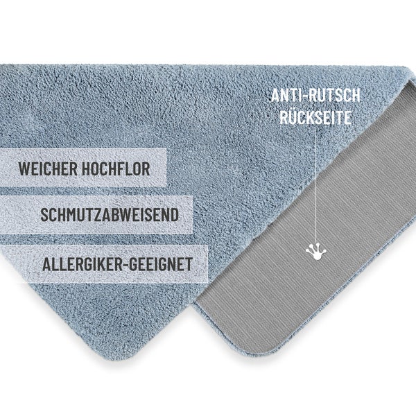 Weicher Hochflor Teppich mit rutschhemmender Rückseite, schmutzabweisend und für Allergiker geeignet.