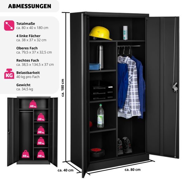 Spind tectake  180 x 80 x 40 cm aus pulverbeschichtetem Stahl schwarz
