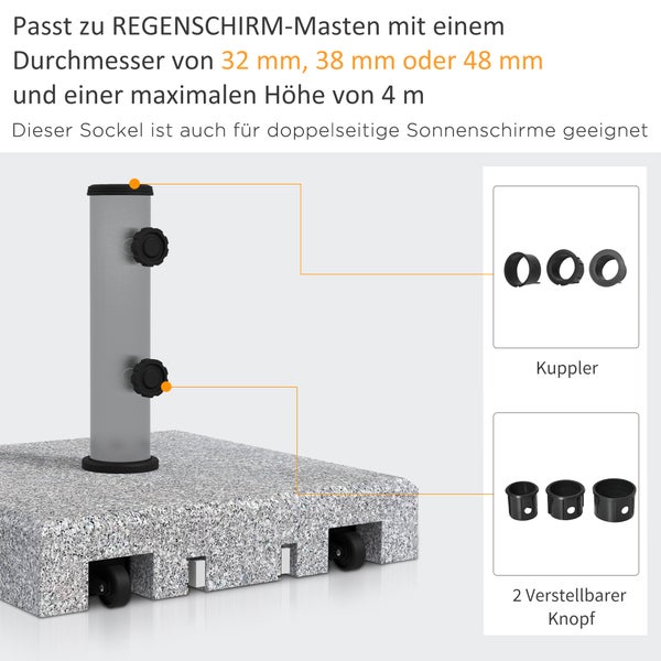 Outsunny Sonnenschirmständer aus Granit 28kg Sonnenschirmfuß mit zwei Drehknöpfen am Standfuß für Mastdurchmesser Ø 32/38/48 mm, Schirmständer mit Rollen für Garten, Balkon, Granit, Grau
