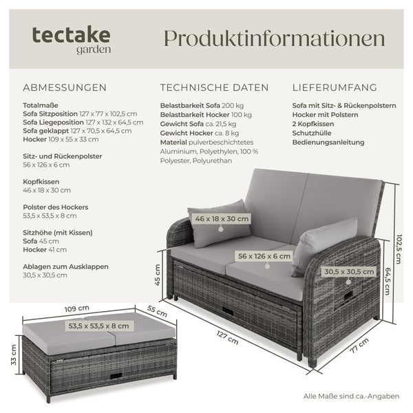 Produktinformationen zu Tectake Gartenmöbel: Sofa und Hocker mit Abmessungen, technischen Daten und Lieferumfang.
