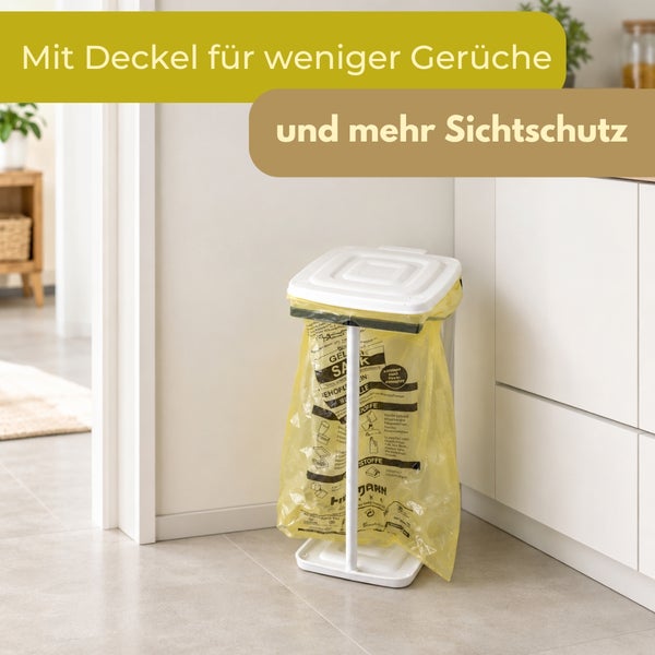 Weißer Müllsackständer mit Deckel und gelbem Wertstoffsack in einer hellen, modernen Küche.