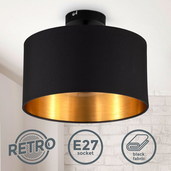 Deckenleuchte Ø30 cm - Stoffschirm, E27 Fassung, retro, schwarz-gold