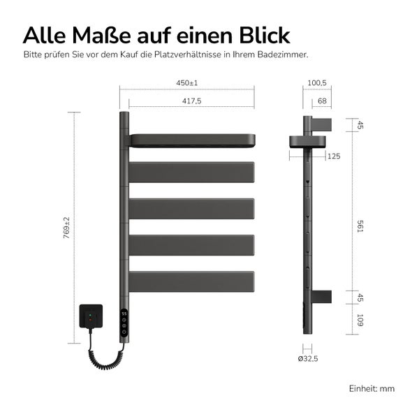 Maßzeichnung eines elektrischen Handtuchheizkörpers mit Ablage und fünf Sprossen. Bemaßung in Millimetern für Höhe, Breite und Tiefe.