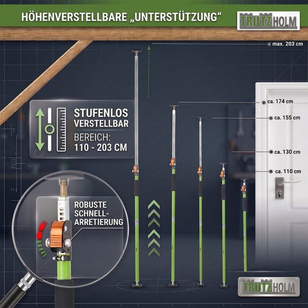 Trutzholm Deckenstütze mit stufenlos verstellbarer Höhe von 110 bis 203 Zentimeter und robuster Schnellarretierung zur Montageunterstützung.