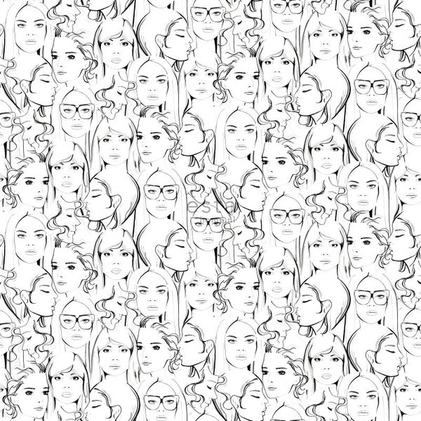 Schwarz-weißes Muster mit Frauenporträts als Vliestapete