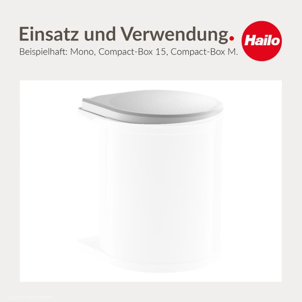 Hailo Mülleimer für Einbauanwendung als Beispiel für Mono, Compact-Box 15 und Compact-Box M mit Hailo Logo.