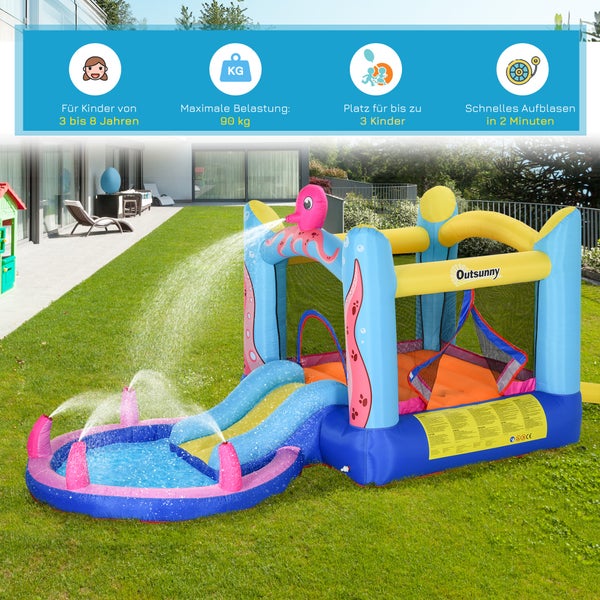 Outsunny Aufblasbare Hüpfburg mit Rutsche Springburg Spielburg Wasserpark für Kinder Trampolin aufblasbar Wasserrutsche Pool für 3-8 Jahre Oktopus-Muster Oxfordstoff 360 x 175 x 180 cm