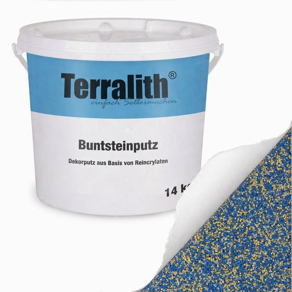 Terralith Buntsteinputz 14 Kilogramm Eimer, Dekorputz auf Reinacrylatbasis mit Darstellung der Oberflächenstruktur.