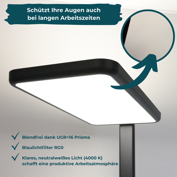 LUXULA LED Stehlampe Up/Down Bürolampe Schwarz 100W 7000LM 4000K Neutralweiß UGR16 CRI98 Dimmbar