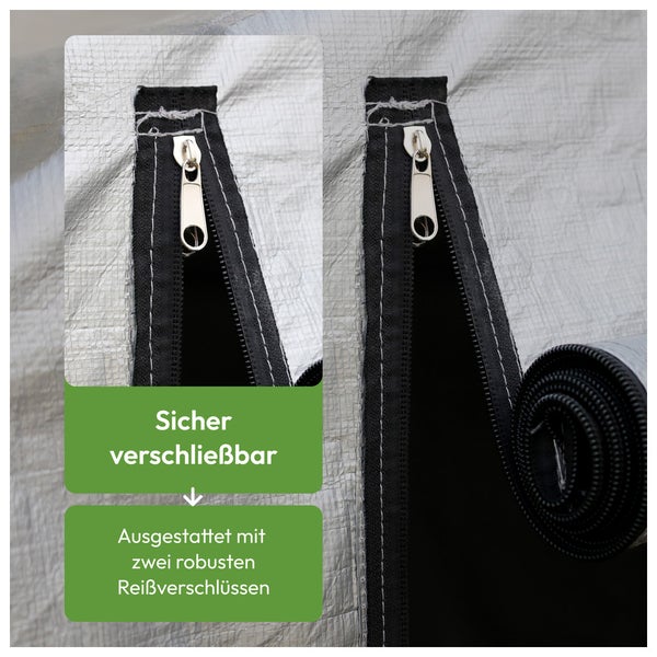 Detailaufnahme eines Zeltes mit robusten Reißverschlüssen für sicheres Verschließen