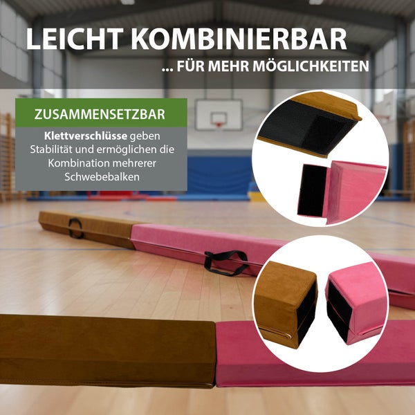 Mädchen trägt einen faltbaren braunen Schwebebalken aus EVA-Schaum mit Tragegriffen in einer Sporthalle.