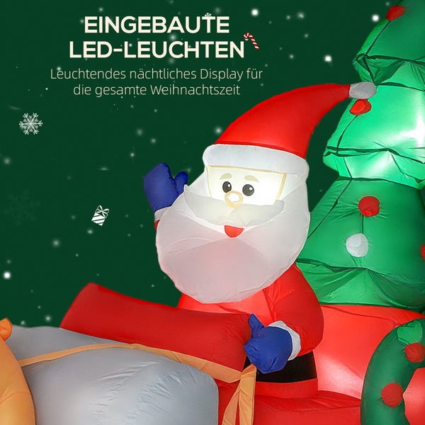Aufblasbarer Weihnachtsmann und Weihnachtsbaum mit integrierten LED-Leuchten für eine beleuchtete Dekoration in der Weihnachtszeit.