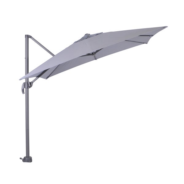 Ampelschirm mit grauem Schirmtuch und stabilem Metallmast.
