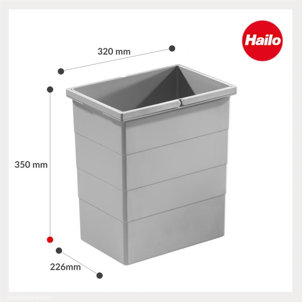 Hailo Logo. Grauer Kunststoff-Mülleimer mit den Maßen 320 Millimeter Länge, 350 Millimeter Höhe und 226 Millimeter Tiefe.