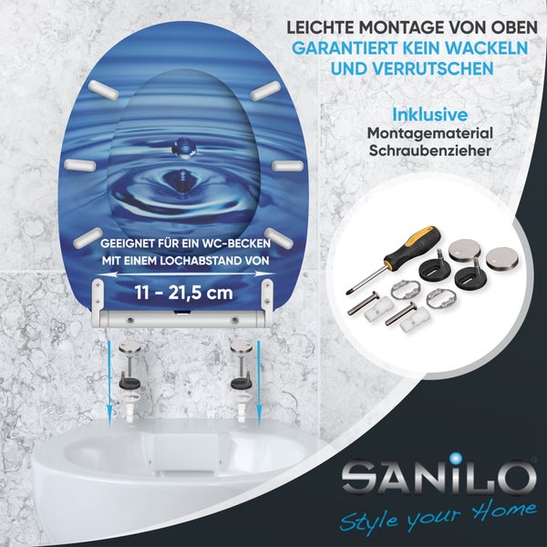 Sanilo WC-Sitz mit Wassertropfenmotiv inklusive Befestigungsmaterial und Schraubendreher für Montage von oben, passend für Lochabstand 11-21,5 cm