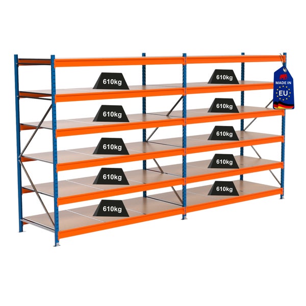 Regal mit Ebenen und Tragkraftangabe von 610 Kilogramm sowie 'Made in EU' Kennzeichnung