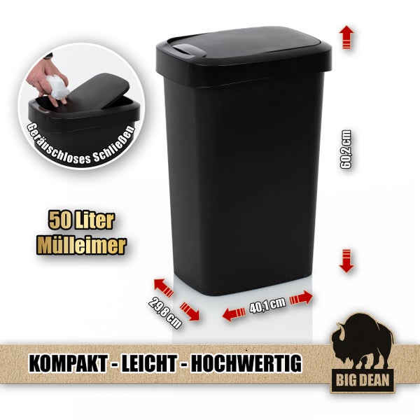 Schwarzer 50 Liter Mülleimer mit den Maßen 60,2 cm Höhe, 29,8 cm Breite und 40,1 cm Tiefe.