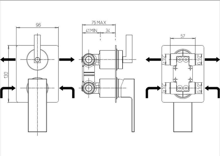 Technische Zeichnung einer Wasserarmatur mit Maßangaben