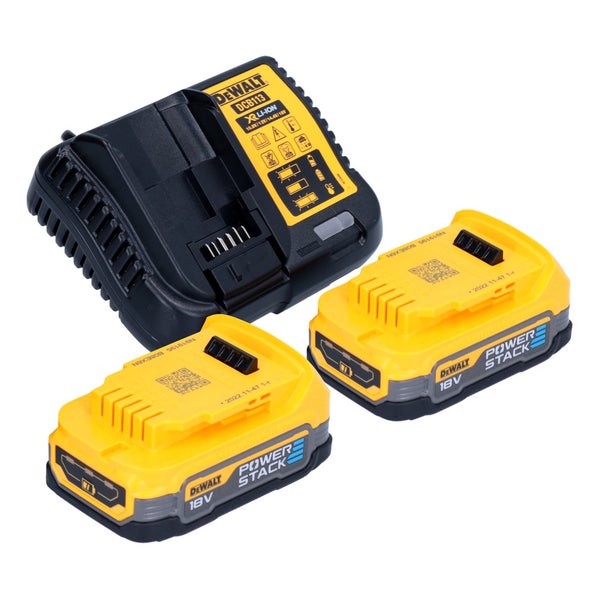 DeWalt Akku-Starter-Kit mit einem Ladegerät DCB113 und zwei 18 Volt PowerStack Akkus.