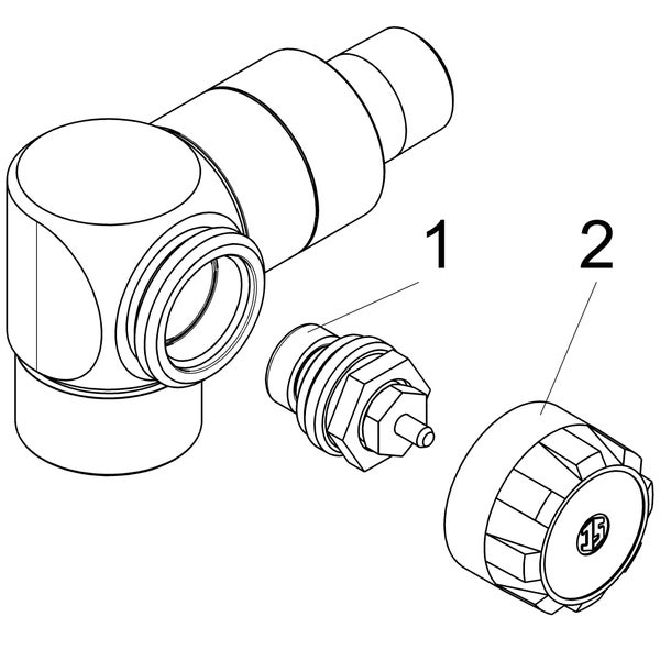 Technische Zeichnung eines Thermostatventils mit Ventileinsatz Nummer eins und Schutzkappe Nummer zwei.