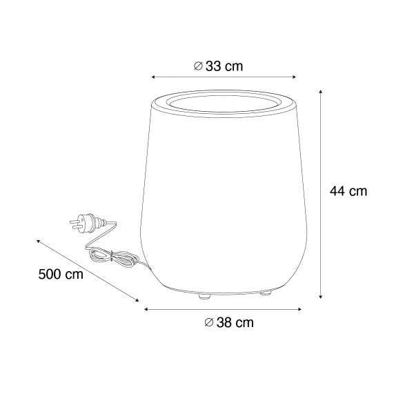 Zeichnung Leuchte: Höhe 44 Zentimeter, oberer Durchmesser 33 Zentimeter, unterer Durchmesser 38 Zentimeter, Kabellänge 500 Zentimeter.