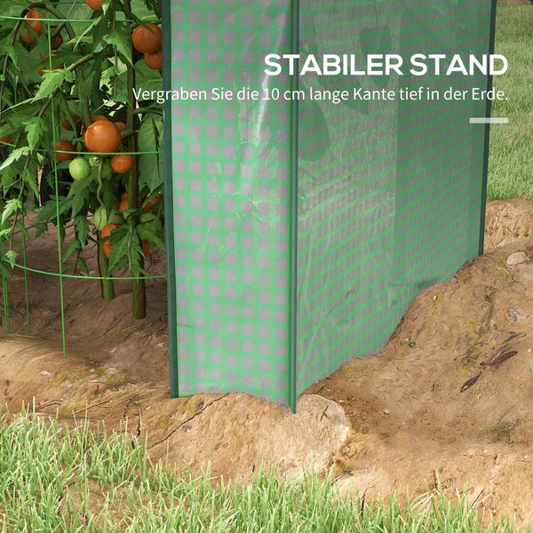 Folientunnel mit 10 Zentimeter langer Kante zum Vergraben im Erdboden für einen stabilen Stand neben Tomatenpflanzen.