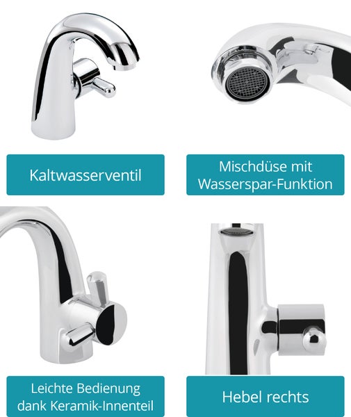 Calmwaters® Kaltwasserhahn in Chrom, mit Wasserspar-Mischdüse, Einhebelmischer mit Keramikkartusche, runder Auslauf, Kaltwasserventil, Messing, 15PZ6167