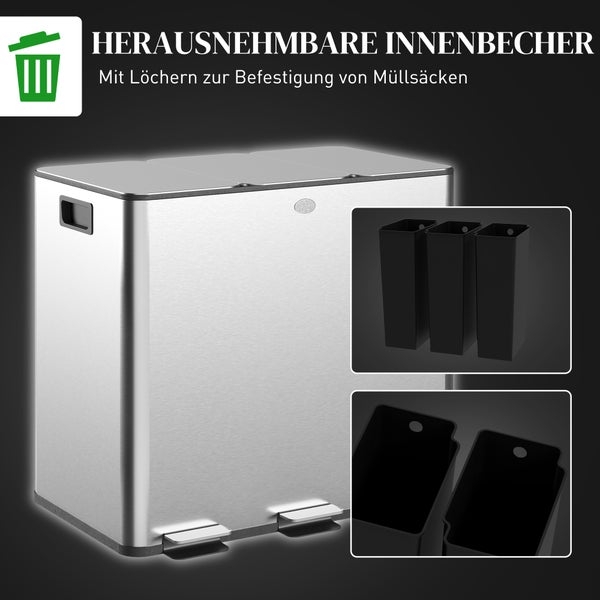 Abfalleimer aus Edelstahl mit drei herausnehmbaren Inneneimern und Recycling Symbol