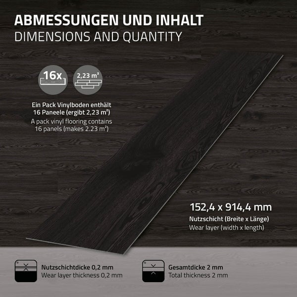 Infografik zu Abmessungen und Packungsinhalt eines Vinylbodens mit 16 Paneelen, 2,23 Quadratmeter Inhalt sowie Angaben zur Stärke und Größe.