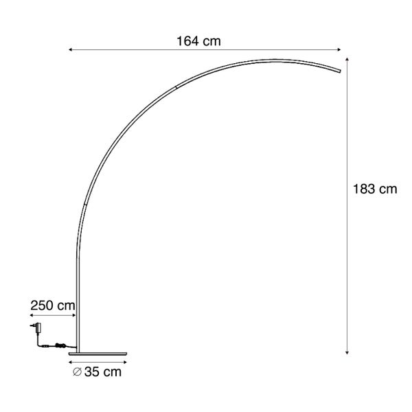 Abmessungen der Bogenstehleuchte: Höhe 183 Zentimeter, Breite 164 Zentimeter, Basisdurchmesser 35 Zentimeter, Kabellänge 250 Zentimeter.