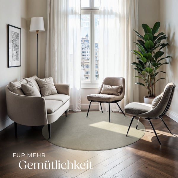 Helles, modernes Wohnzimmer mit rundem Teppich auf dunklem Parkett, Zweisitzer-Sofa, zwei Sesseln, hellen Vorhängen und einer großen Zimmerpflanze.