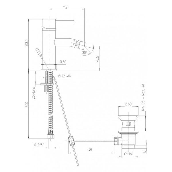 Technische Zeichnung eines Bidet Wasserhahns mit Maßangaben