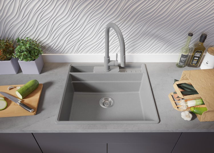 PRIMAGRAN Spülbecken Grau 58x53cm, Granitspüle 1 Becken + Ablauf-Set + Küchenzubehörset, Küchenspüle ab 60er Unterschrank - New York