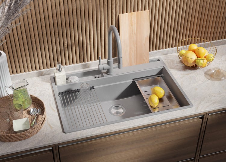 PRIMAGRAN Spülbecken Grau 78x53cm, Granitspüle 1 Becken + Ablauf-Set + Küchenzubehörset, Küchenspüle ab 80er Unterschrank - Oslo Pocket