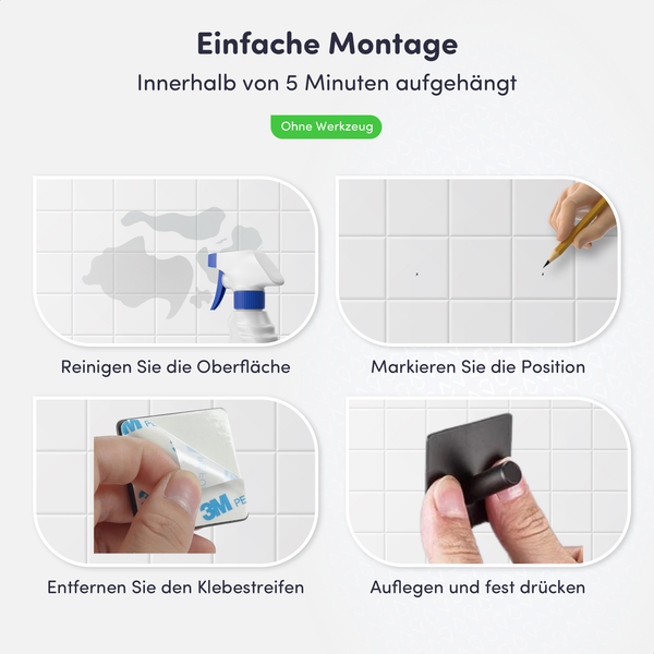Vier Schritte zur Montage eines Klebehakens ohne Werkzeug: Oberfläche reinigen, Position markieren, Klebeschutz entfernen und Haken festdrücken.