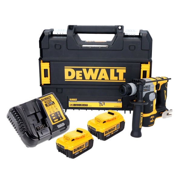 DeWalt Set: Akku-Kombihammer, zwei 18 Volt 4,0 Amperestunden Akkumulatoren, Ladegerät, TSTAK Koffer und DeWalt Logo.