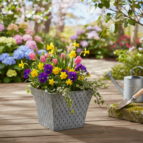 Quadratischer Metall-Pflanzkübel mit Rautenstruktur, bepflanzt mit Frühlingsblumen wie Narzissen und Tulpen auf einer Holzterrasse im Garten.