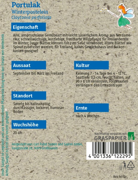 Rückseite einer Samentüte für Portulak Winterpostelein mit Anbauinformationen zu Aussaat, Kultur, Standort und Ernte.