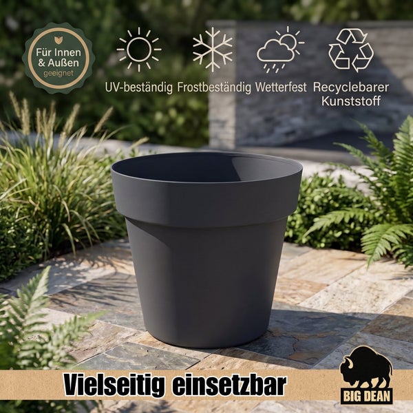 Runder Pflanztopf aus Kunststoff für Innen und Außen, UV-beständig, frostbeständig, wetterfest und recyclebar, von Big Dean.