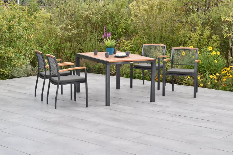 Tilos Gartenmöbelset 9tlg., Stapelsessel inkl. Auflagen, Ausziehtisch 150 (200) x 90 cm