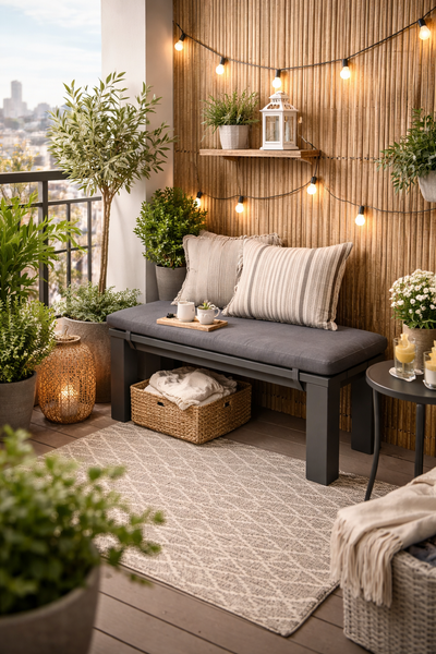 Gemütlicher Balkon mit Bambus-Sichtschutz, Metallbank mit Polstern, gemustertem Outdoor-Teppich, Lichterkette und verschiedenen Topfpflanzen.