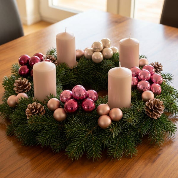 Adventskranz aus Tannengrün mit vier Stumpenkerzen, dekoriert mit Weihnachtskugeln und Kiefernzapfen auf einem Holztisch.