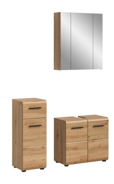 Dreiteiliges Badmöbel-Set in Eiche-Optik mit Spiegelschrank, Waschbeckenunterschrank und Seitenschrank.