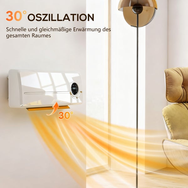 Wandheizgerät mit 30 Grad Oszillation zur schnellen und gleichmäßigen Erwärmung des Raumes.