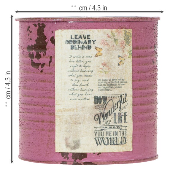 Vintage Metalltopf in Rosa mit nostalgischem Aufdruck, Maße 11 mal 11 Zentimeter.