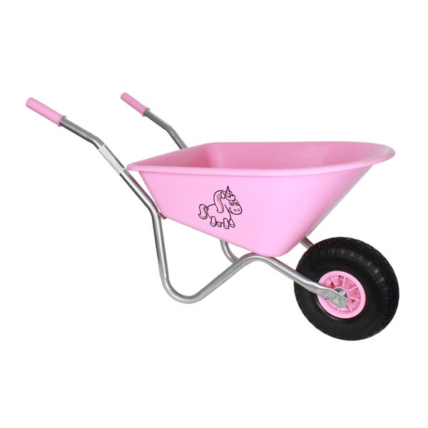 Rosa Schubkarre mit Einhorn-Motiv für Kinder.
