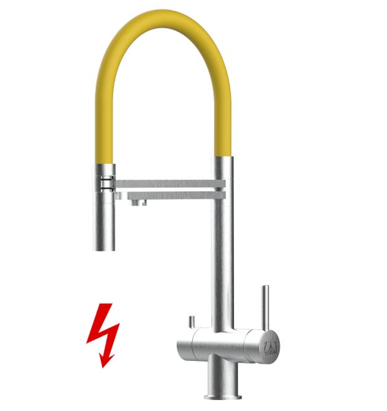 NIEDERDRUCK 3 Wege Wasserhahn Küchenarmatur, Edelstahl Massiv mit 360° schwenkbarem Auslauf, abnehmbare 2 strahl Handbrause, Gebürstet / Gelb