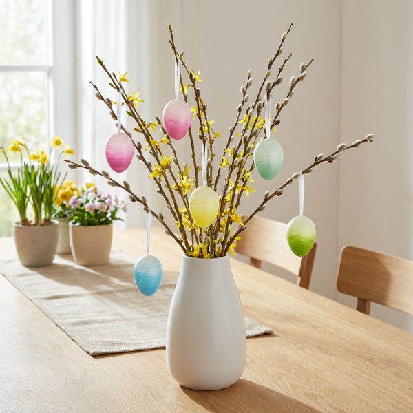 Weiße Vase mit Weidenzweigen geschmückt mit bunten Ostereiern auf einem Holztisch mit frühlingshafter Dekoration.