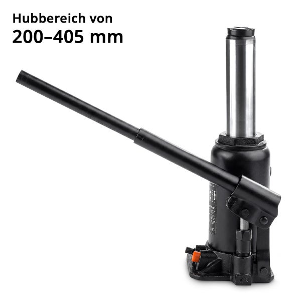 Hydraulischer Stempelwagenheber mit einem Hubbereich von 200 bis 405 Millimeter und einer Hebelstange.
